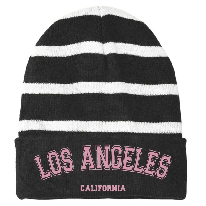 Pink Los Angeles California CA Varsity On Los Angeles Striped Beanie with Solid Band