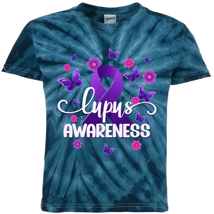 Purple Lupus Awareness Ribbon Purple Butterflies Lupus Kids Tie-Dye T-Shirt