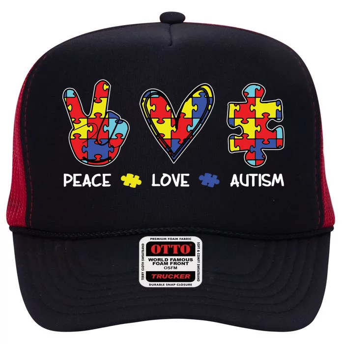 Peace Love Autism Awareness High Crown Mesh Trucker Hat