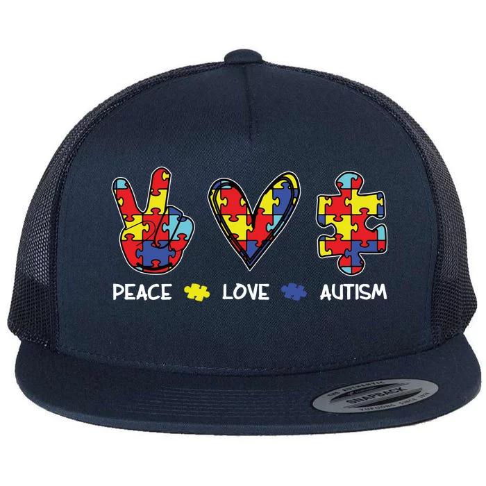 Peace Love Autism Awareness Flat Bill Trucker Hat