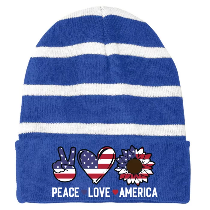 Peace Love And America Us Flag 4th Of July Sunflower Cute Gift Striped Beanie with Solid Band