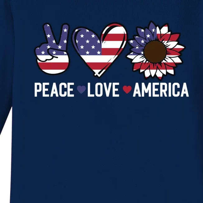 Peace Love And America Us Flag 4th Of July Sunflower Cute Gift Baby Long Sleeve Bodysuit