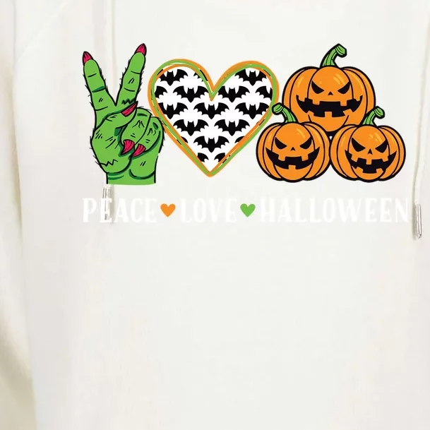 Peace Love And Halloween Pumpkin Zombie Hand Gift Womens Funnel Neck Pullover Hood