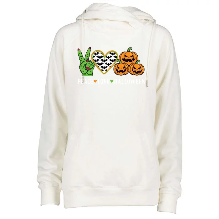 Peace Love And Halloween Pumpkin Zombie Hand Gift Womens Funnel Neck Pullover Hood