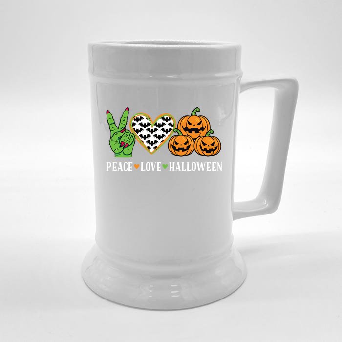 Peace Love And Halloween Pumpkin Zombie Hand Gift Front & Back Beer Stein