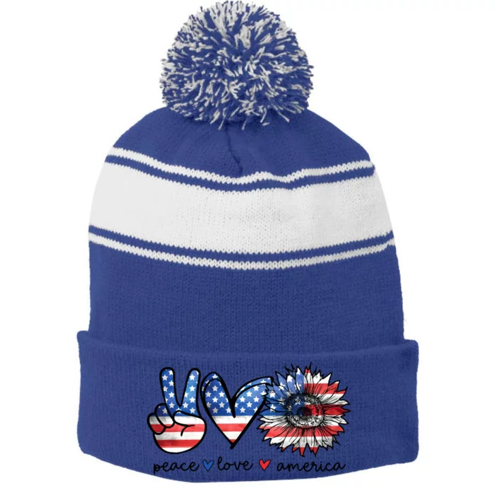 Peace Love America 4th Of July Independence Day Gift Stripe Pom Pom Beanie