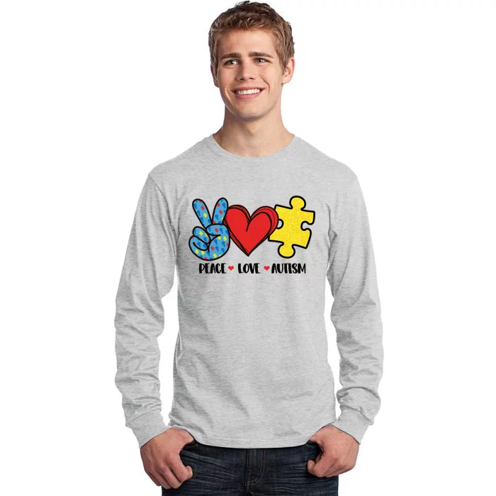 Peace Love And Autism Special Needs Warrior Puzzle Piece Gift Tall Long Sleeve T-Shirt