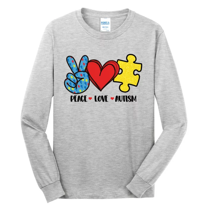 Peace Love And Autism Special Needs Warrior Puzzle Piece Gift Tall Long Sleeve T-Shirt