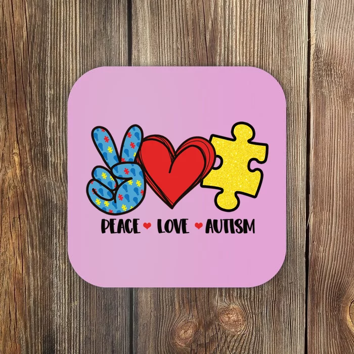 Peace Love And Autism Special Needs Warrior Puzzle Piece Gift Coaster