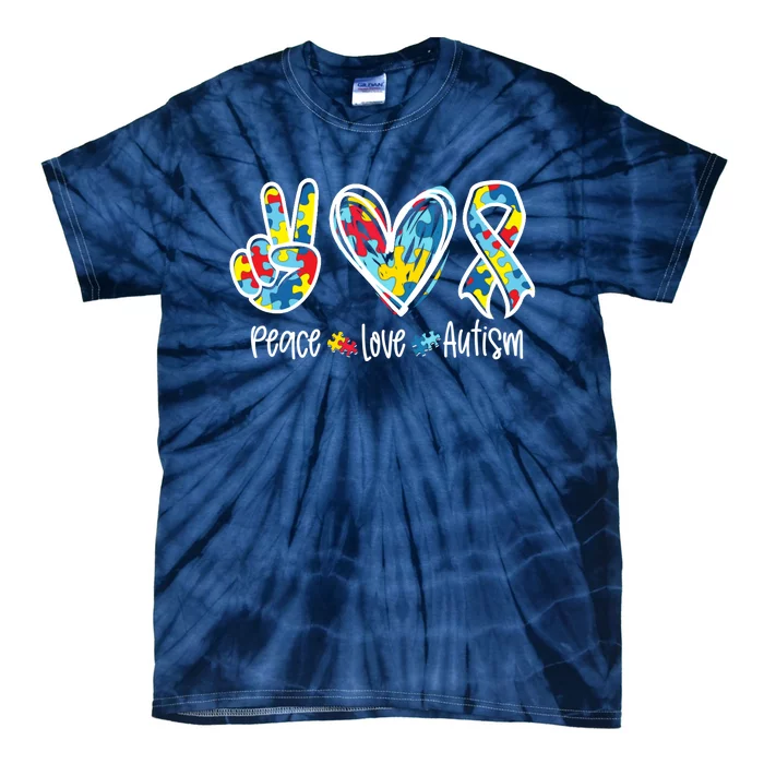 Peace Love Autism Tee Support Autism Awareness Puzzle Tie-Dye T-Shirt