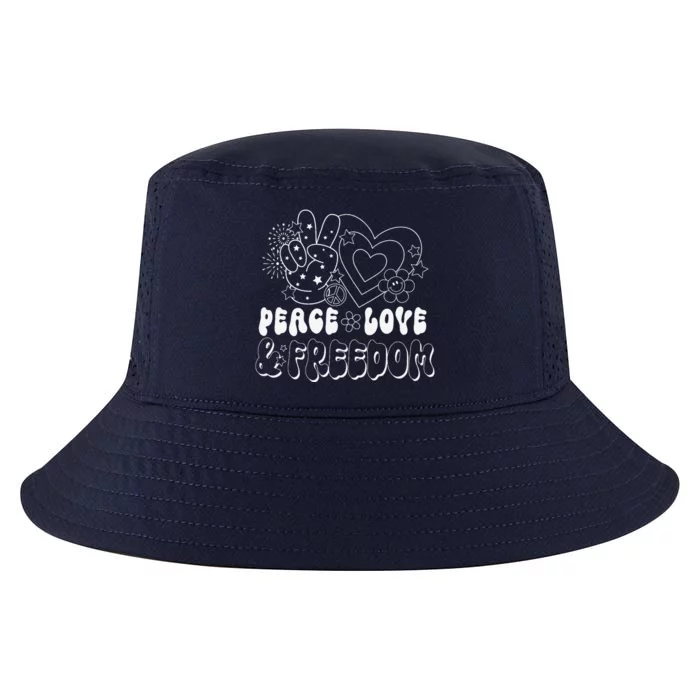 Peace Love America US Flag Groovy Freedom Day 4th Of July Cool Comfort Performance Bucket Hat