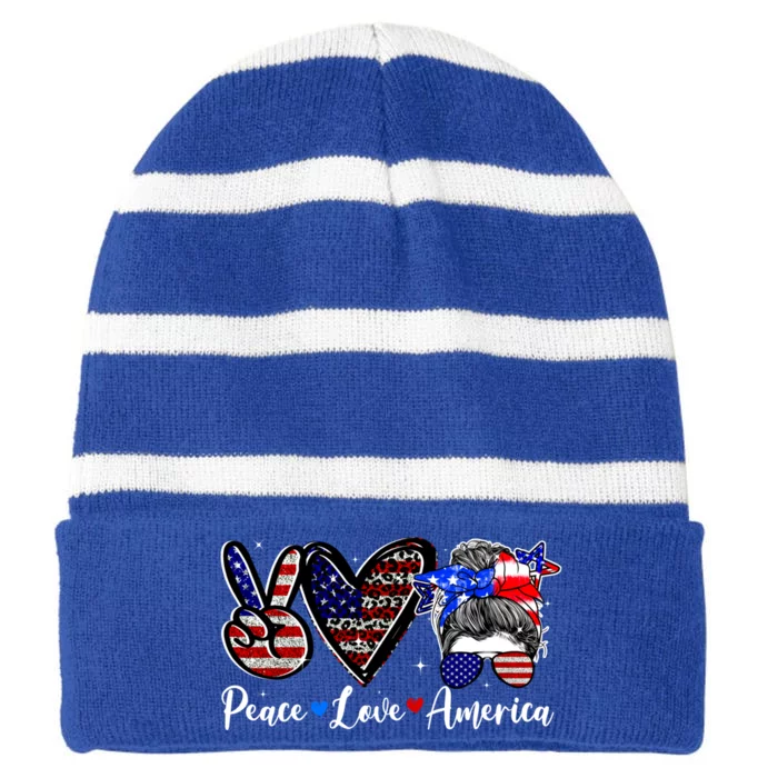 Peace Love America Messy Bun Funny American Flag 4th Of July Great Gift Striped Beanie with Solid Band