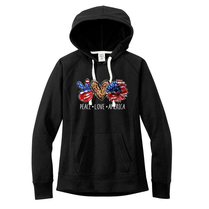 Peace Love America Patriotic Usa Flag Sunflower 4th July Gift Women's Fleece Hoodie