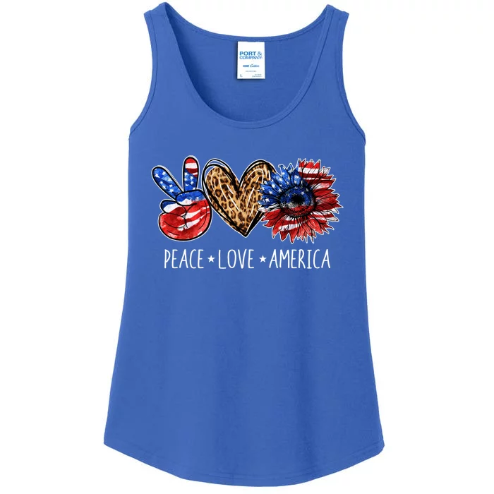 Peace Love America Patriotic Usa Flag Sunflower 4th July Gift Ladies Essential Tank