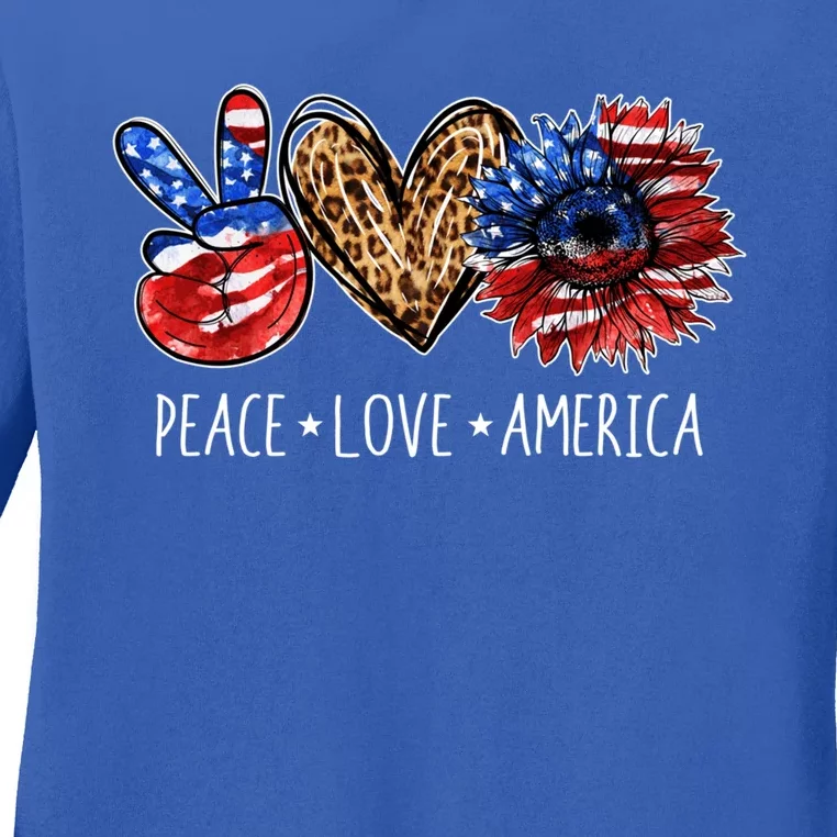 Peace Love America Patriotic Usa Flag Sunflower 4th July Gift Ladies Long Sleeve Shirt