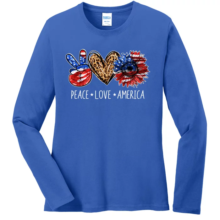 Peace Love America Patriotic Usa Flag Sunflower 4th July Gift Ladies Long Sleeve Shirt