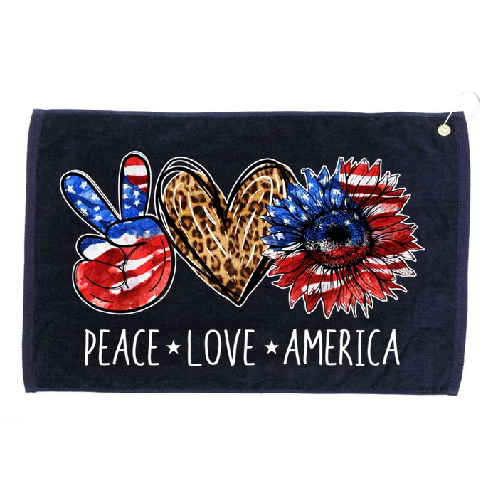 Peace Love America Patriotic Usa Flag Sunflower 4th July Gift Grommeted Golf Towel