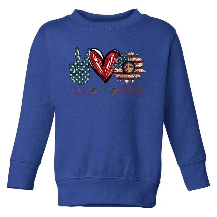 Peace Love America Patriotic Usa Flag Sunflower 4th July Cute Gift Toddler Sweatshirt