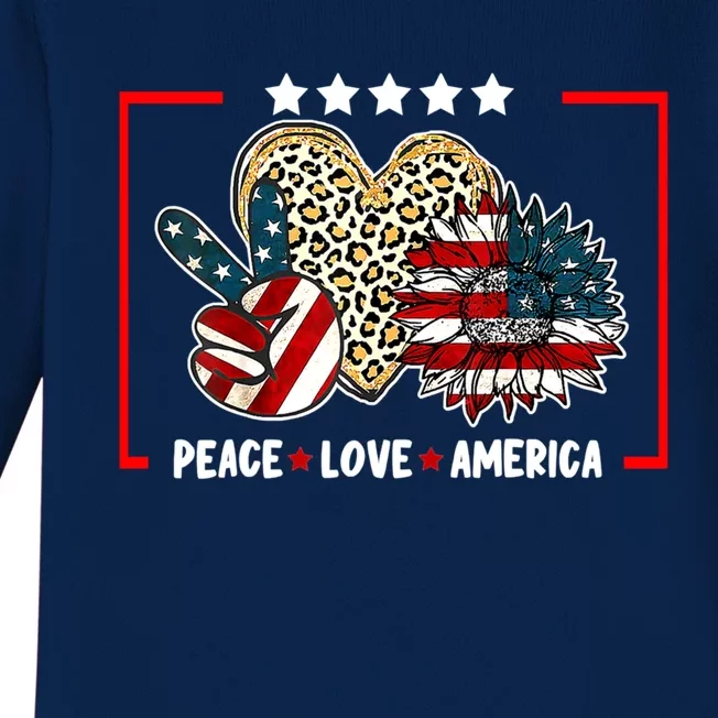 Peace Love America Sunflower Heart Leopard 4th Of July Gift Baby Long Sleeve Bodysuit