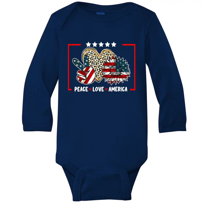 Peace Love America Sunflower Heart Leopard 4th Of July Gift Baby Long Sleeve Bodysuit