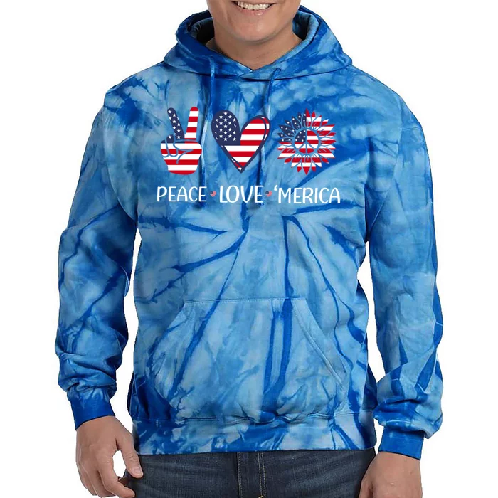 Peace Love America 4th July American Flag Heart Sunflower Gift Tie Dye Hoodie