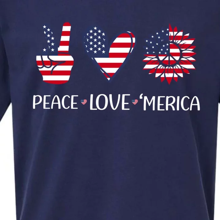 Peace Love America 4th July American Flag Heart Sunflower Gift Sueded Cloud Jersey T-Shirt