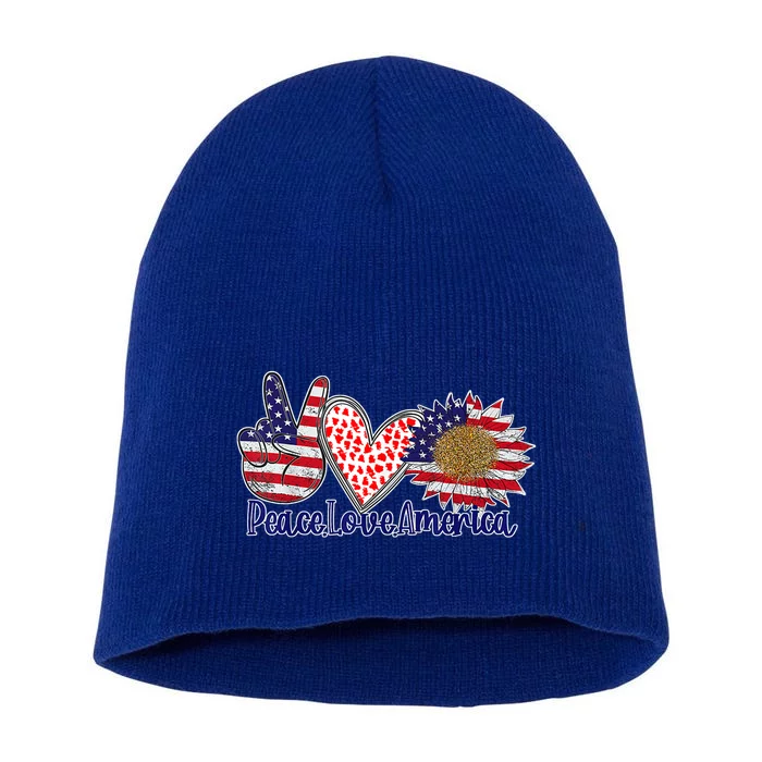 Peace Love America 4th July Patriotic Sunflower Heart Sign Cool Gift Short Acrylic Beanie