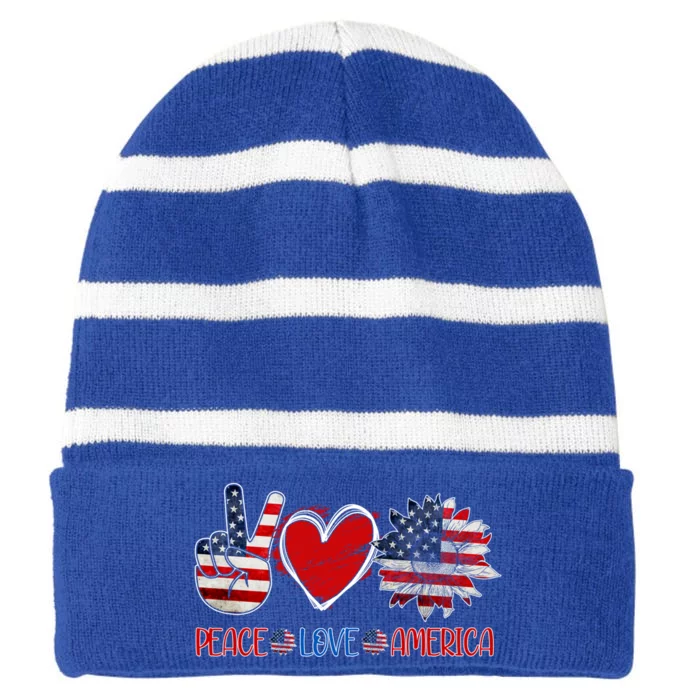 Peace Love America 4th July Patriotic Sunflower Heart Sign Gift Striped Beanie with Solid Band