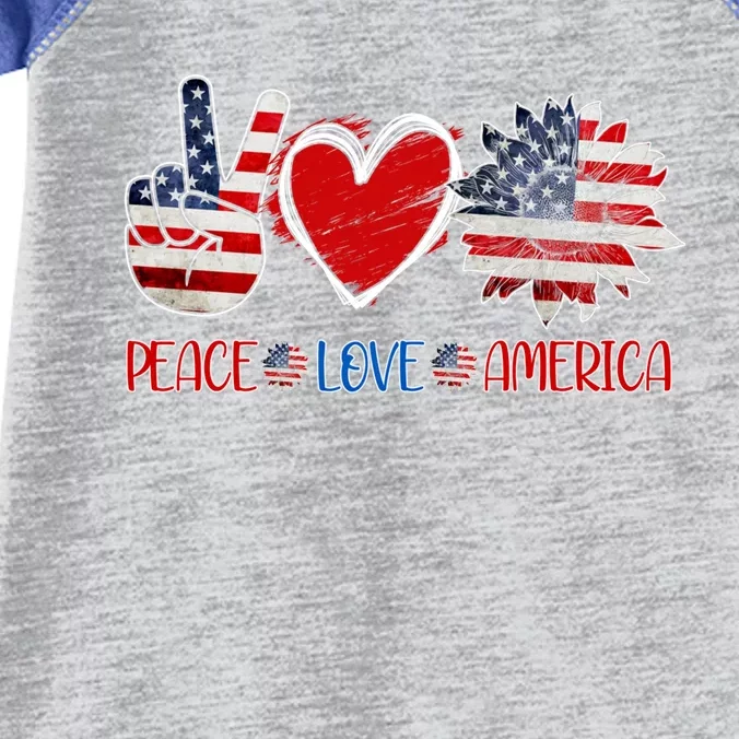 Peace Love America 4th July Patriotic Sunflower Heart Sign Gift Infant Baby Jersey Bodysuit