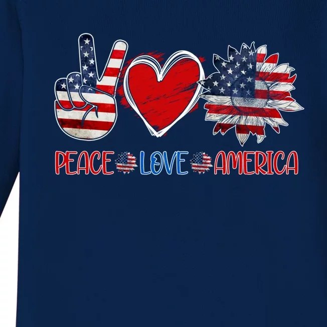 Peace Love America 4th July Patriotic Sunflower Heart Sign Gift Baby Long Sleeve Bodysuit