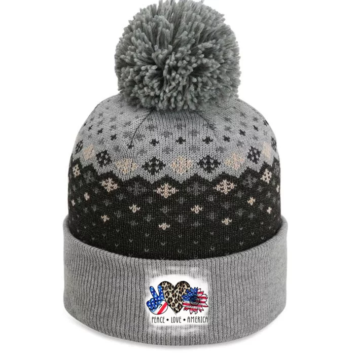 Peace Love America Bleached With Leopard Sunflower Us Flag Gift The Baniff Cuffed Pom Beanie