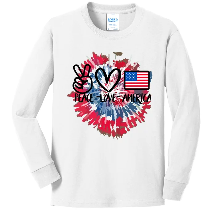 Peace Love America Tie Dye 4th Of July Patriotic For Girl Kids Long Sleeve Shirt