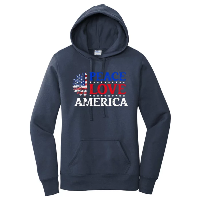 Peace Love America Patriotic Usa Flag Sunflower 4th July Gift Women's Pullover Hoodie