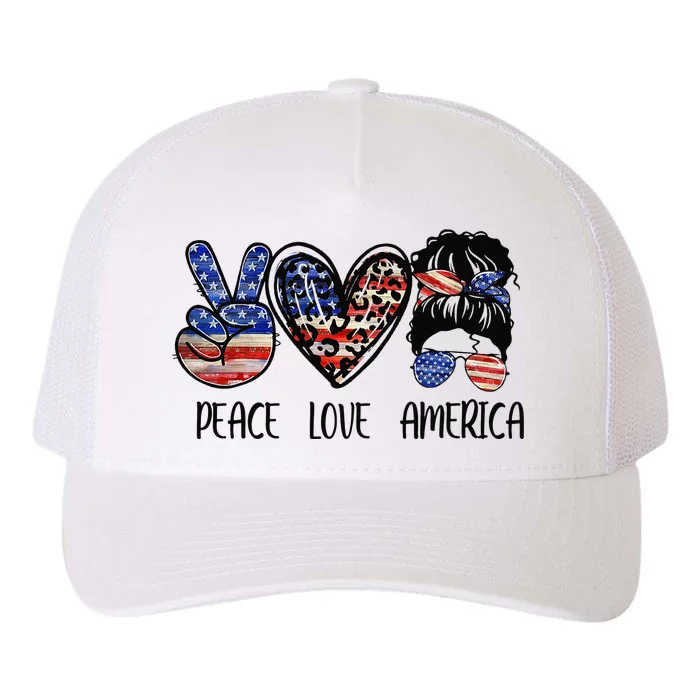 Peace Love America Messy Bun American Flag Funny 4th Of July Yupoong Adult 5-Panel Trucker Hat