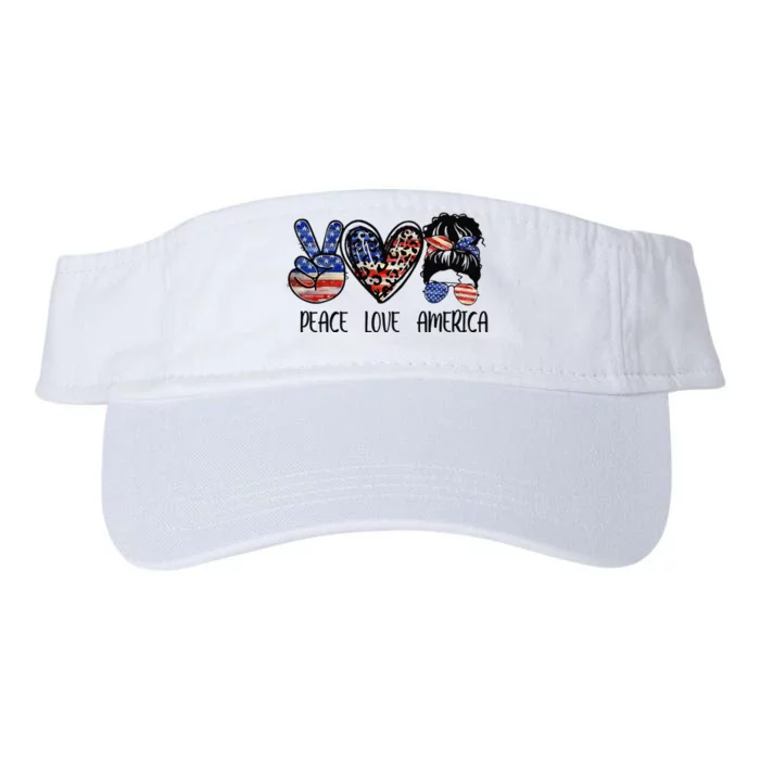 Peace Love America Messy Bun American Flag Funny 4th Of July Valucap Bio-Washed Visor