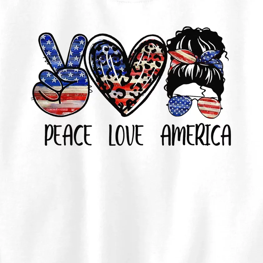 Peace Love America Messy Bun American Flag Funny 4th Of July Kids Sweatshirt