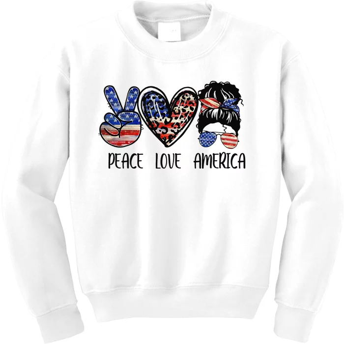 Peace Love America Messy Bun American Flag Funny 4th Of July Kids Sweatshirt