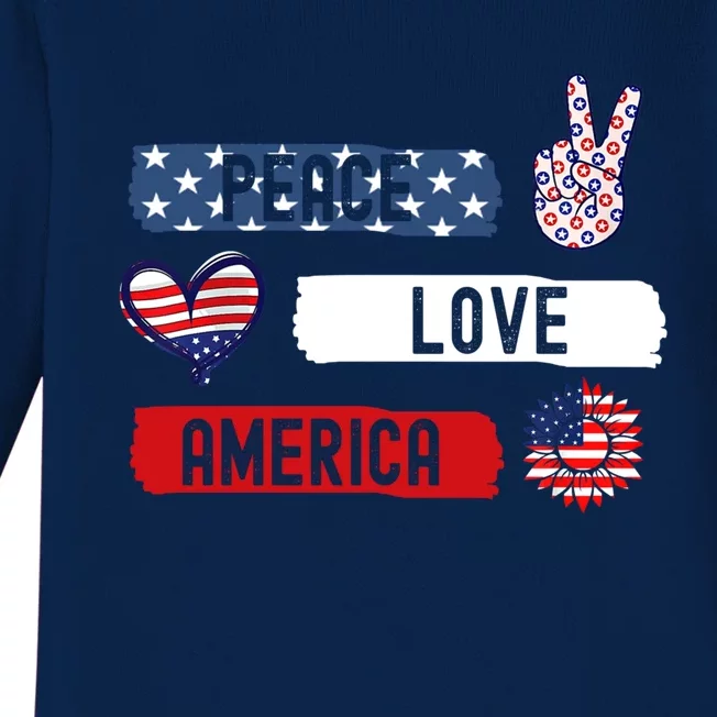 Peace Love America Sunflower Funny 4th Of July Fireworks Gift Baby Long Sleeve Bodysuit