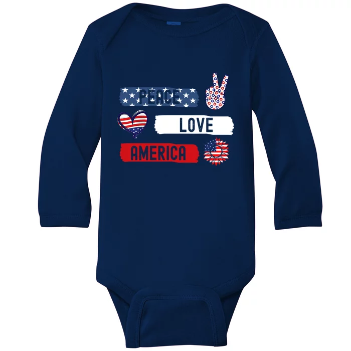 Peace Love America Sunflower Funny 4th Of July Fireworks Gift Baby Long Sleeve Bodysuit