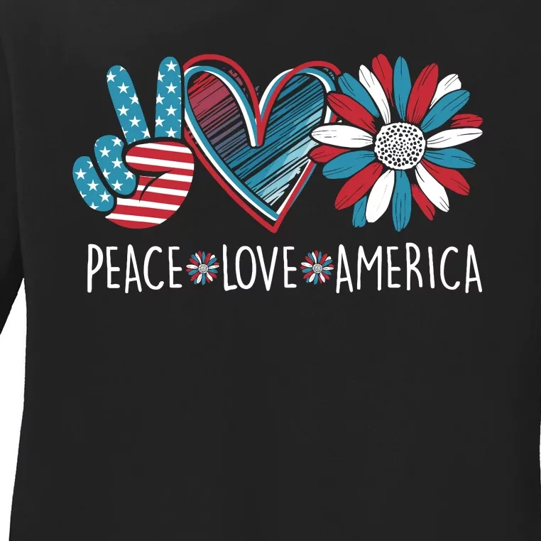 Peace Love America Daisy 4th July Patriotic Us American Flag Ladies Long Sleeve Shirt