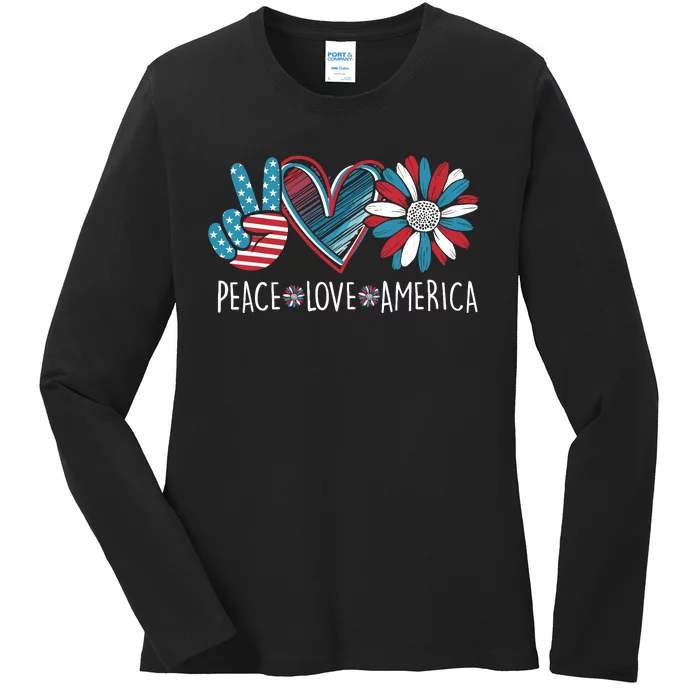 Peace Love America Daisy 4th July Patriotic Us American Flag Ladies Long Sleeve Shirt