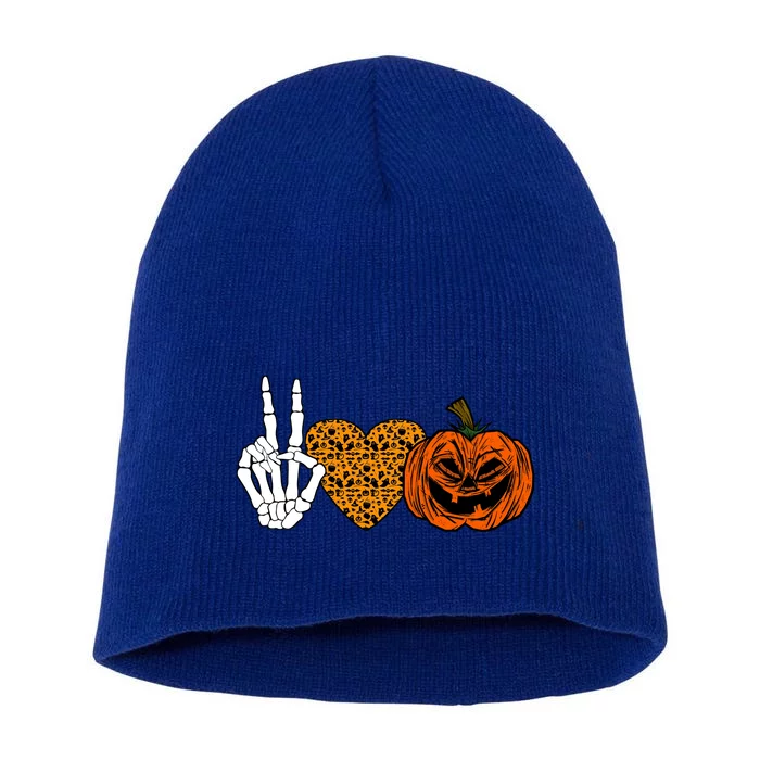 Peace Love And Pumpkins Halloween Skeleton Fall Cute Gift Short Acrylic Beanie