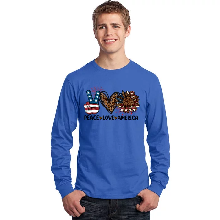 Peace Love America Sunflower Leopard Usa Flag 4th Of July Gift Tall Long Sleeve T-Shirt