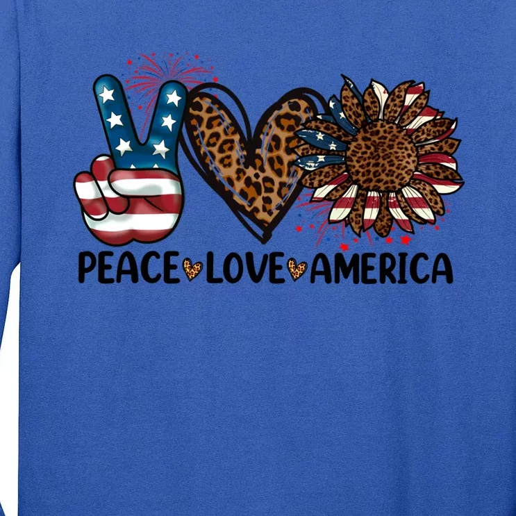 Peace Love America Sunflower Leopard Usa Flag 4th Of July Gift Tall Long Sleeve T-Shirt