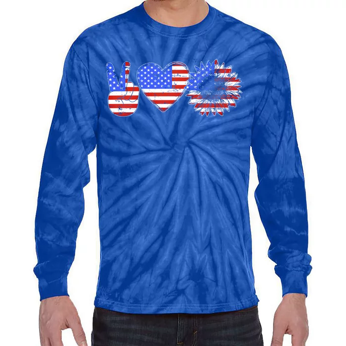 Peace Love America With Usa Flag And Sunflower 4th Of July Gift Tie-Dye Long Sleeve Shirt