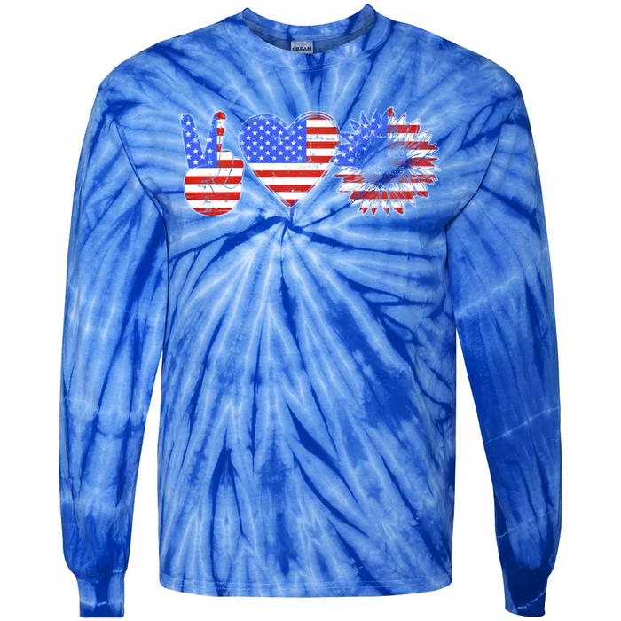 Peace Love America With Usa Flag And Sunflower 4th Of July Gift Tie-Dye Long Sleeve Shirt