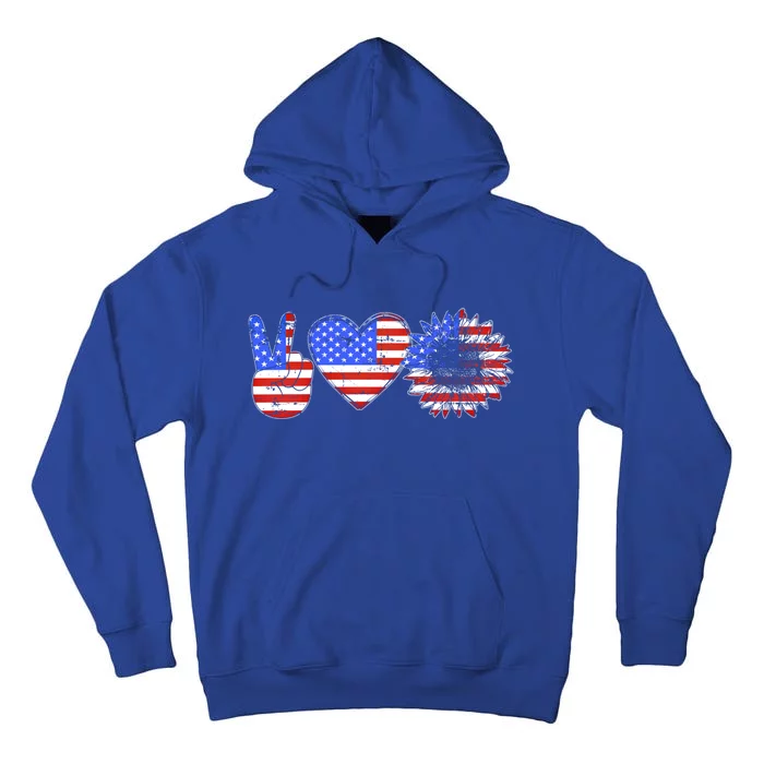 Peace Love America With Usa Flag And Sunflower 4th Of July Gift Tall Hoodie