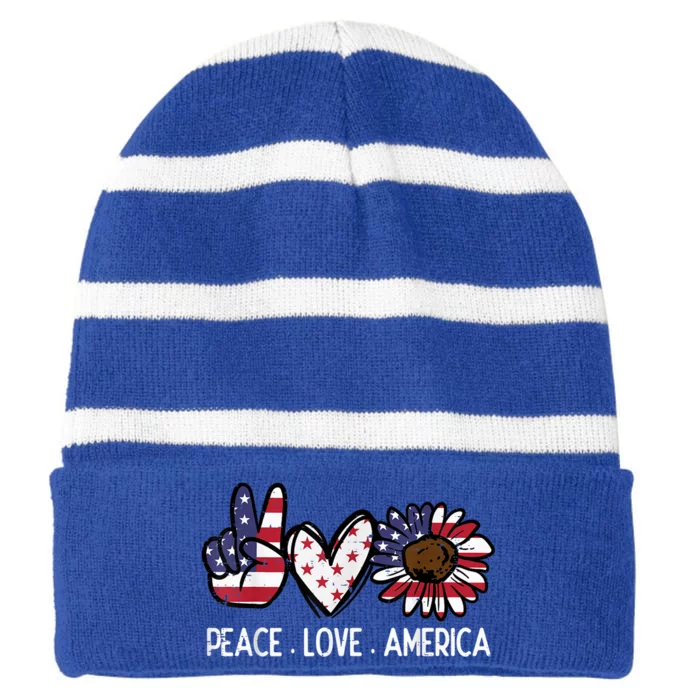 Peace Love America Us Flag Fourth 4th Of July Patriot Gift Striped Beanie with Solid Band