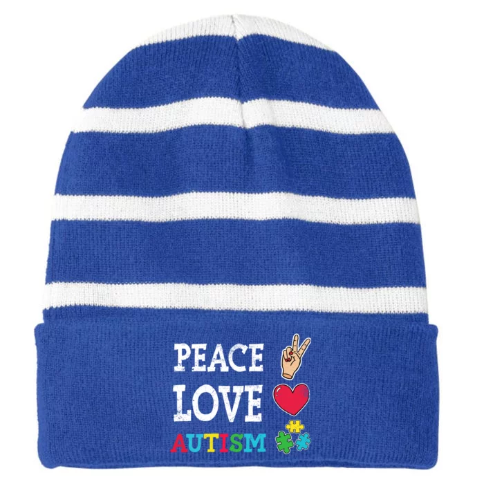 Peace Love Autism Awareness Day Acceptance Autistic Puzzle Meaningful Gift Striped Beanie with Solid Band