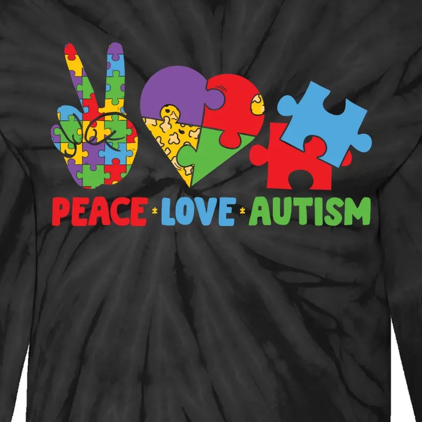 Peace Love Autism Awareness Day Puzzle Heart Gift Tie-Dye Long Sleeve Shirt